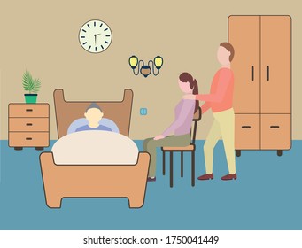 Family members visiting grandmother lying in bed