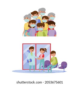 Family Members Wearing Face Protection Masks. Patient Visiting Hospital For Doctor Appointment In Emergency Hospital Hall Cartoon Vector Illustration