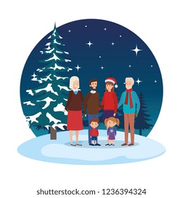 family members with winter clothes in snowscape