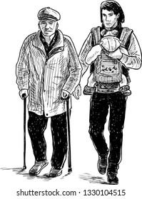 A family of men goes on a walk