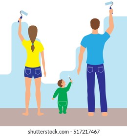Family of men, woman and child paint the walls. Vector illustration.