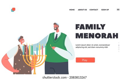 Family Menorah Landing Page Template. Father with Son Celebrating Hanukkah Israel Holiday, Jewish Festival of Lights. Boy and Dad Wear Kippah Lighting Candles. Cartoon People Vector Illustration