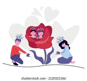 Family Mental Health Support. Parents Raise Healthy Children By Setting A Personal Example Of Good Relationships. Illustration Of People With Flowers On Their Heads. Flat Vector Landing Page Template.