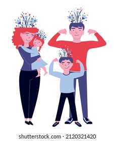 Family Mental Health Support. Parents Raise Healthy Children By Setting A Personal Example Of Good Relationships. Illustration Of People With Flowers On Their Heads. Flat Vector Landing Page Template.