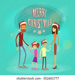 Family Merry Christmas Holiday Happy New Year, Parents With Children Smile Santa Hat Cap Flat Banner Vector Illustration