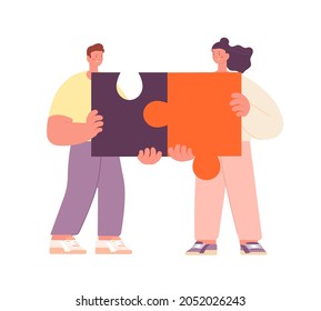 Family metaphor. Couple collect puzzle pieces, jigsaw elements. Woman man friendship, relationship or collaboration. Business teamwork utter vector scene