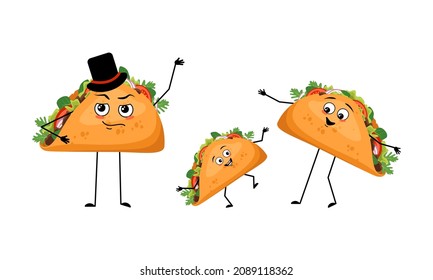Family of mexican taco characters with happy emotions, smile face, happy eyes, arms and legs. Mom is happy, dad is wearing hat and child is dancing. Vector flat illustration