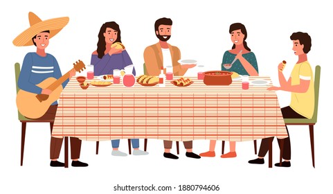 Family at a Mexican-style evening dinner. A man in sombrero plays the guitar vector illustration. Girl puts salsa on a guy's plate. Dining table with tacos and burritos. Relatives communicate at home