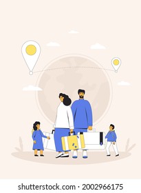 Family migration. Mother, fathers and son and daughter with bags and suitcases. Filled line vector illustration.