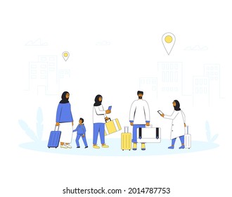 Family migration. Mother, fathers and son  and daughters with bags and suitcases. Filled line vector illustration.