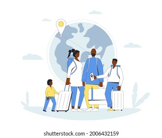 Family migration. Mother, fathers and sons people with bags and suitcases. Filled line vector illustration.