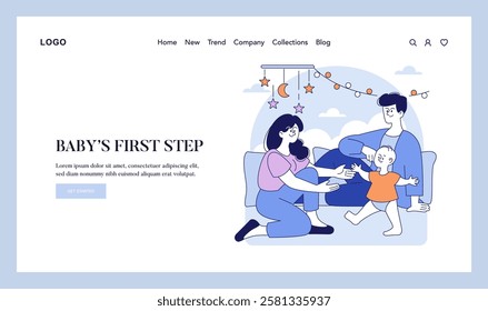 Family milestone moment as parents support their baby's first steps in a cozy home setting. Parental encouragement, love, and child development. Vector illustration.