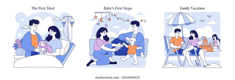 Family Milestones set. Illustrating key family moments, from the first meet with a newborn to a shared vacation. Parenthood joy, child growth stages, and bonding time. Vector illustration.