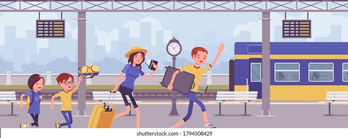 Family missing train, hurrying at trainstation. Family tourists, unfortunate passengers running in railway platform to catch leaving wagon, late for departure. Vector flat style cartoon illustration