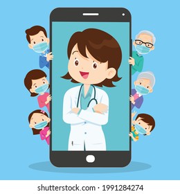 Family with Mobile App Family Doctor. Family Using Mobile Application, Control Health Indicators, Consult Online Doctor, Sign up Appointment Therapist. Healthcare services