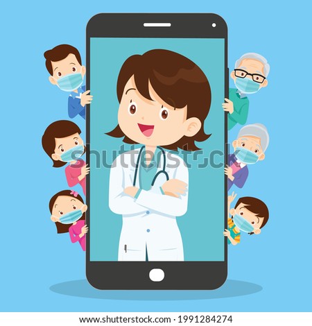 Family with Mobile App Family Doctor. Family Using Mobile Application, Control Health Indicators, Consult Online Doctor, Sign up Appointment Therapist. Healthcare services