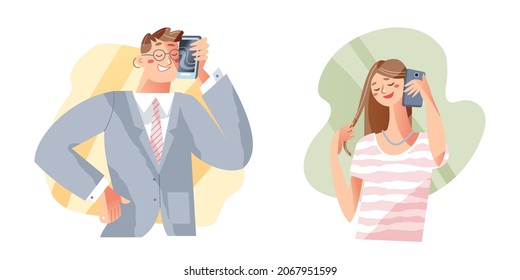 Family mobile phone call, happy father and daughter conversation vector illustration. Cartoon businessman worker character calling young student girl on smartphone from office isolated on white