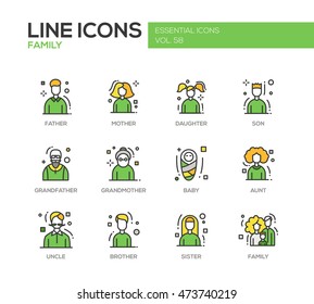 Family - modern vector line design icons and pictograms set. Father, mother, sister, brother, daughter, son, grandmother grandfather baby aunt uncle