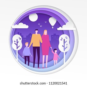 Family - modern vector paper cut illustration with flat design style people. Young parents standing with their kids. High quality carving art composition with clouds, sun, trees, balloon, buildings