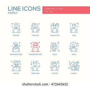 Family - Modern Vector Plain Line Design Icons And Pictograms Set. Father, Mother, Sister, Brother, Daughter, Son, Grandmother Grandfather Baby Aunt Uncle