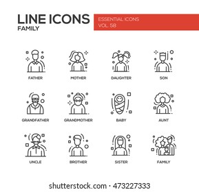 Family - modern vector plain line design icons and pictograms set. 