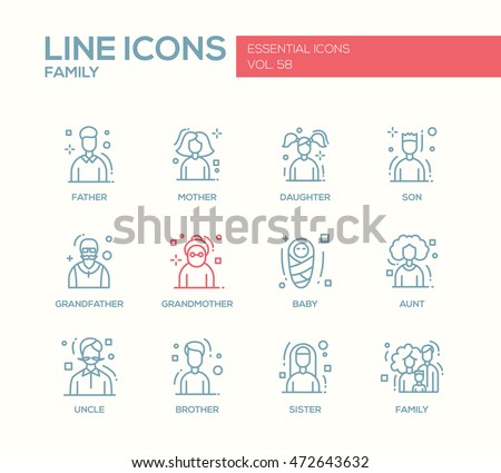 Family - modern vector plain line design icons and pictograms set. Father, mother, sister, brother, daughter, son, grandmother grandfather baby aunt uncle