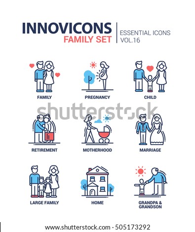 Family - modern vector thin line flat design icons and pictograms set. Pregnancy, child, retirement, motherhood, marriage, home, grandpa and grandchild