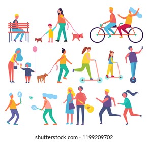 Family mom and child with air inflatable balloon icons set vector. Relaxing people riding bicycle and couple playing tennis. Running male and female