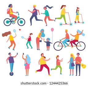 Family mom and child with air inflatable balloon icons set vector. Relaxing people riding bicycle and couple playing tennis. Running male and female