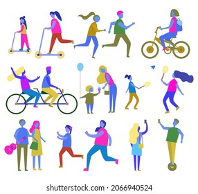 Family mom and child with air inflatable balloon icons set vector. Relaxing people riding bicycle and couple playing tennis. Running male and female