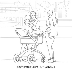 Family. Mom, Dad and Baby. Parents Walk With The Child, Dad Holds The Baby In His Arms. Modern flat Vector Image Isolated on white background.
