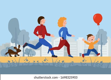 Family, mom, dad and child are running, playing sports in the park, walking a dog. Vector cartoon illustration in a flat style. The concept of a healthy lifestyle, the end of quarantine, activity.