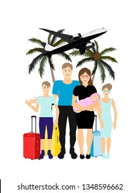 Family mom, dad, children flying on holiday
