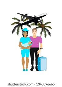 Family mom, dad, children flying on holiday