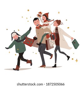 
Family mom dad and children with packages of gifts run shopping at the Christmas fair. Cartoon illustration, vector isolated on white background.