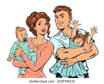 Family mom and dad with children in their arms. pop art retro illustration 50s 60s style. Pop art retro vector illustration kitsch vintage 50s 60s style