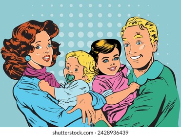 Familia mamá y papá con niños en sus brazos. arte pop ilustración retro estilo años 50 60. Arte pop retro ilustración vectorial kitsch vintage 50s 60s estilo