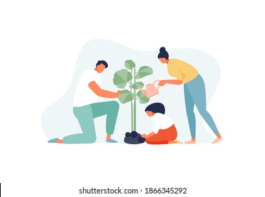 Family mom, dad and daughter plant flowers together in the garden. Vector illustration