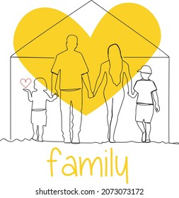 Family mom, dad, daughter and son go and hold hands. The background is a large yellow heart. The girl has a red heart in her hand.The inscription is family in yellow.