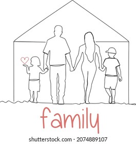 Family mom, dad, daughter and son go to the house and hold hands. The inscription family, red. The girl has a red heart in her hand.