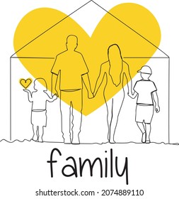 Family mom, dad, daughter and son go and hold hands. The background is a large yellow heart. The girl has a red heart in her hand.The inscription is family in yellow.