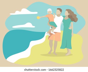 Family of mom, dad and little son on the sea shore. Flat design