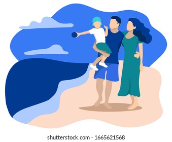 Family of mom, dad and little son on the sea shore. Flat design