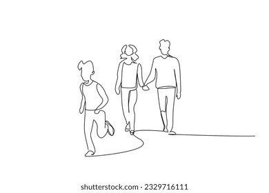 family mom dad little teenage kids running outside in the park having fun happy moments line art