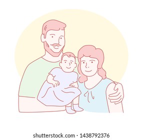 Family. Mom, dad nddaughter Vector. Line art. Isolated art on white background. Flat
