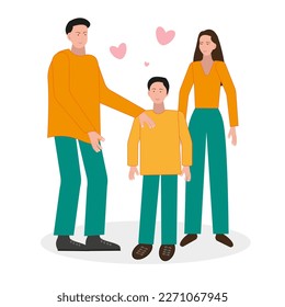 Family: mom, dad and son in the same clothes on a white background. Flat vector illustration