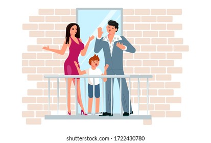 Family of mom, dad and son sing in unison on the balcony. Activity and hobbies during the coronavirus pandemic. Flat Art Vector Illustration