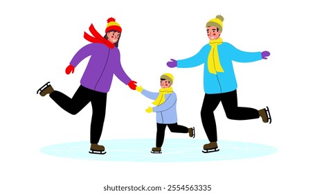 Family: mom, dad and son are skating. Winter sports, family having fun in winter. Vector illustration on white background