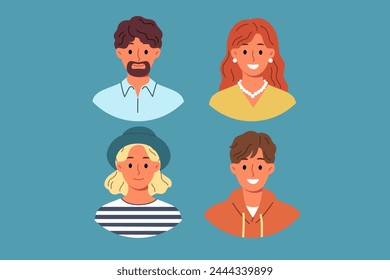 Family of mom and dad and teenage children smiling at screen, for avatars or profile photos in web design. People of different ages from one family are dressed in casual clothes or feel good mood