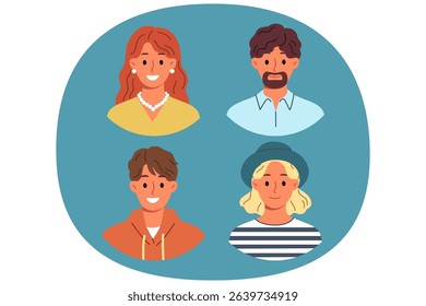 Family of mom and dad and teenage children smiling at screen, for avatars or profile photos in web design. People of different ages from one family are dressed in casual clothes or feel good mood